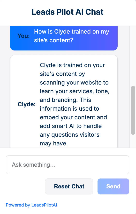 LeadsPilotAI chatbot answering a customer question